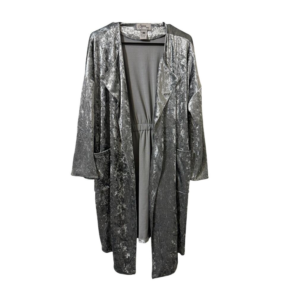 Vtg Spoon Brand Cardigan Women M Silver Velvet Open Front Waterfall Duster Pockt